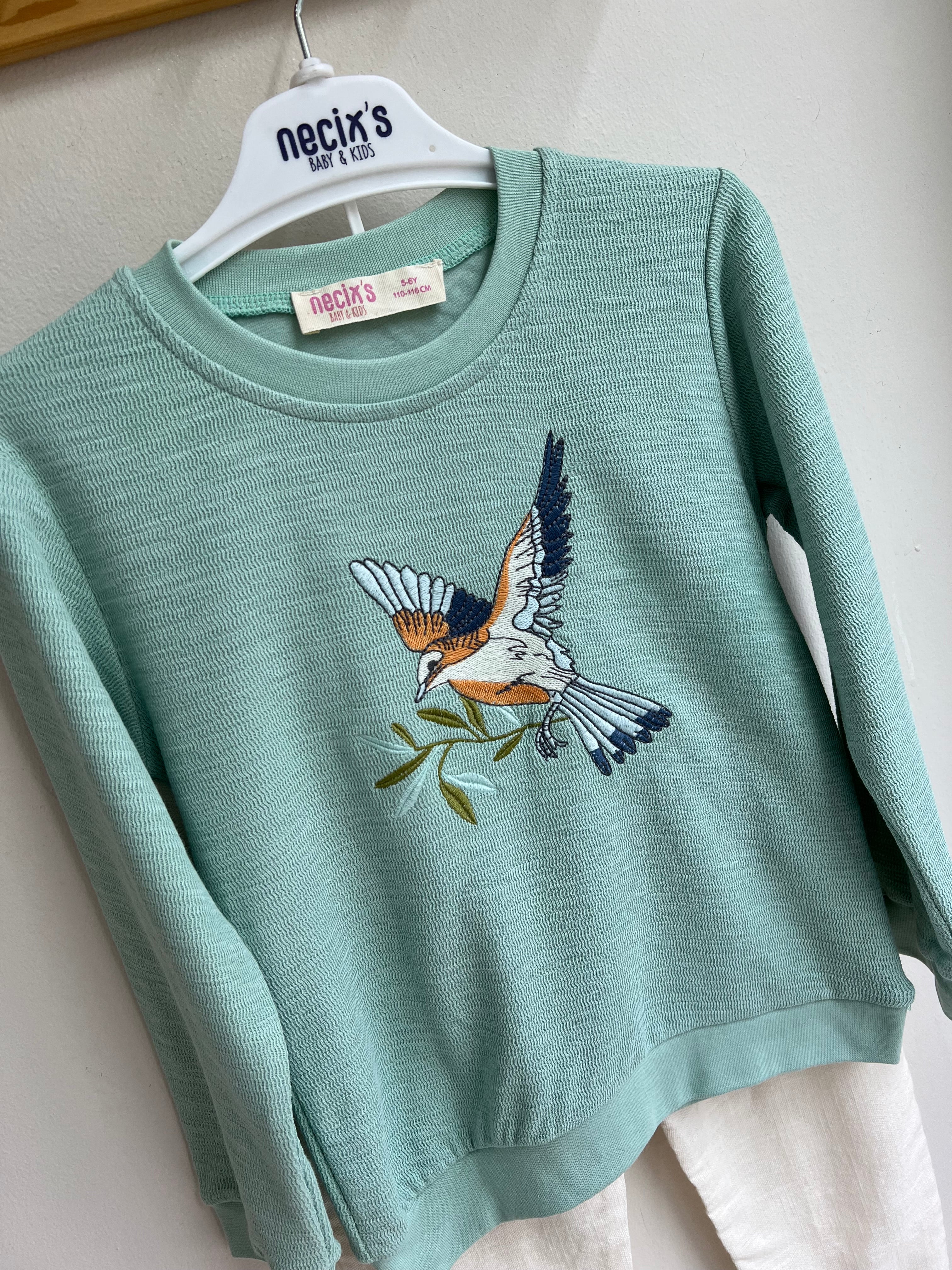 Kuş Detaylı Mint Takım
